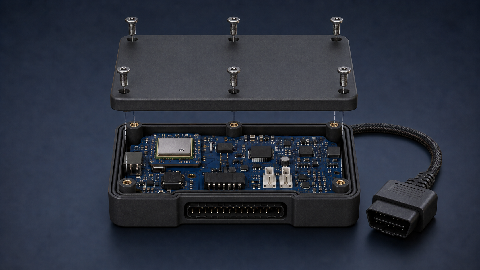 Revised vehicle-monitoring concept with a parallel lid, six aligned fasteners and a diagnostic-style cable